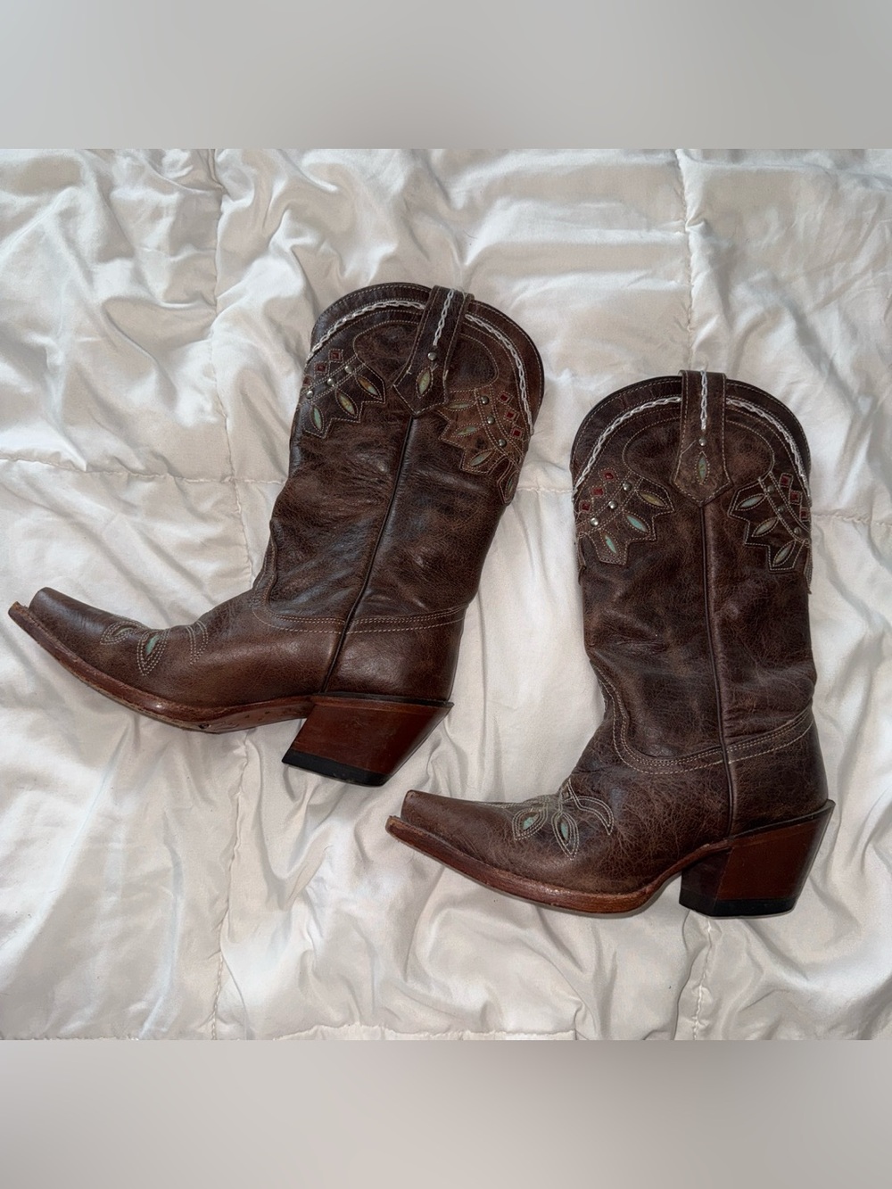 Tony Lama Brown Leather Western Heeled Boots with Turquoise and Red Accents